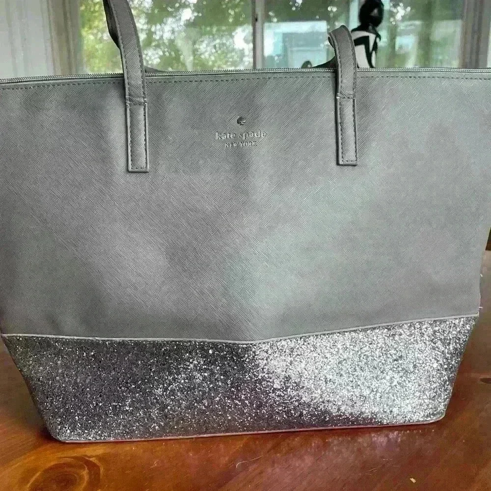 Kate Spade Greta Court Penny Saffiano gray/silver glitter tote bag